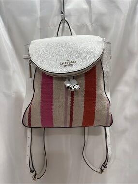 kate spade White Leather Backpack with Pink & Orange Stripes EUC